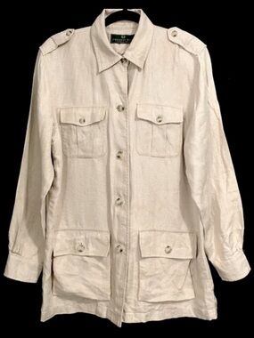 Embassy Row Vintage 100% Pure Linen Tan Military Style Shacket